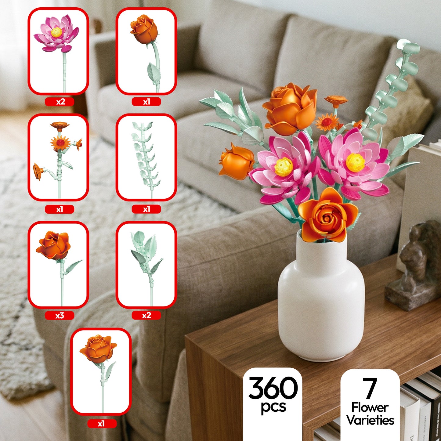 Contixo BK10 Orange & Pink Flower Spring Bouquet Building Set - 360 Pieces