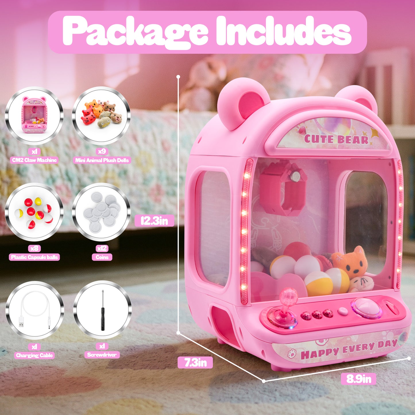 Contixo CM2 Pink Tabletop Claw Machine, Mini Arcade Prize Grabber Game with LED Lights, Music, Toys & Capsules for Girl's Boy's Kids Ages 3+