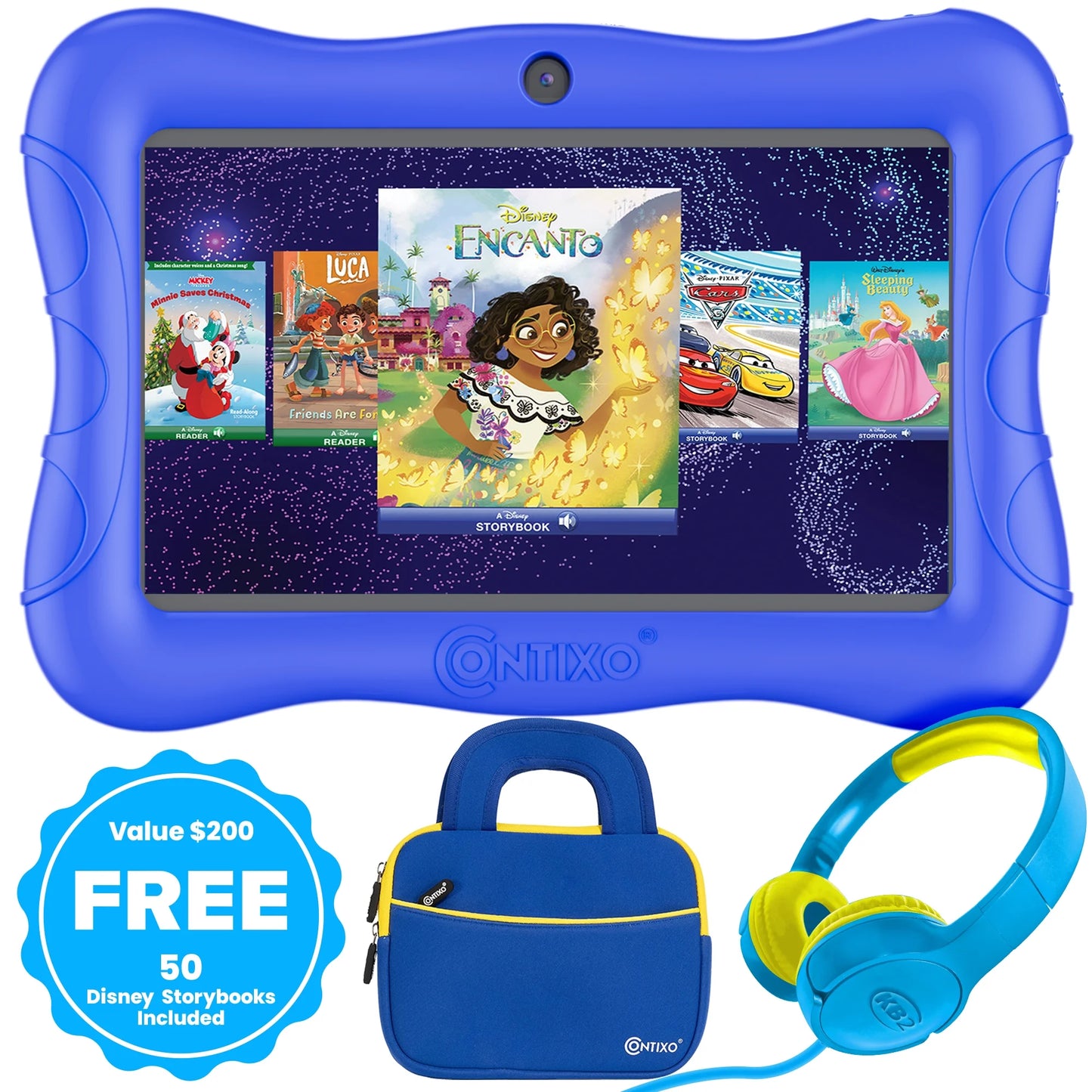 Contixo 7" Kids Tablet Bundle, 50 FREE Disney eBooks, Learning Android Tablet for kids 3-12, 32GB, Parental Controls, Kid-Proof Case with Kickstand, Includes Headphones, Carrying Case