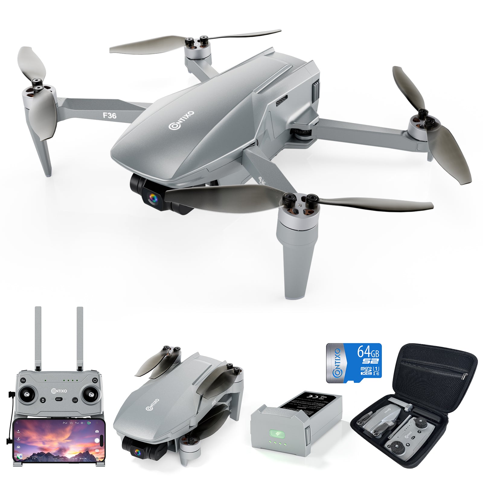 Contixo F36 Silver Horizon Remote Control FPV Foldable Drone with 4K HD Camera, 64GB MicroSD Card, & Carrying Case