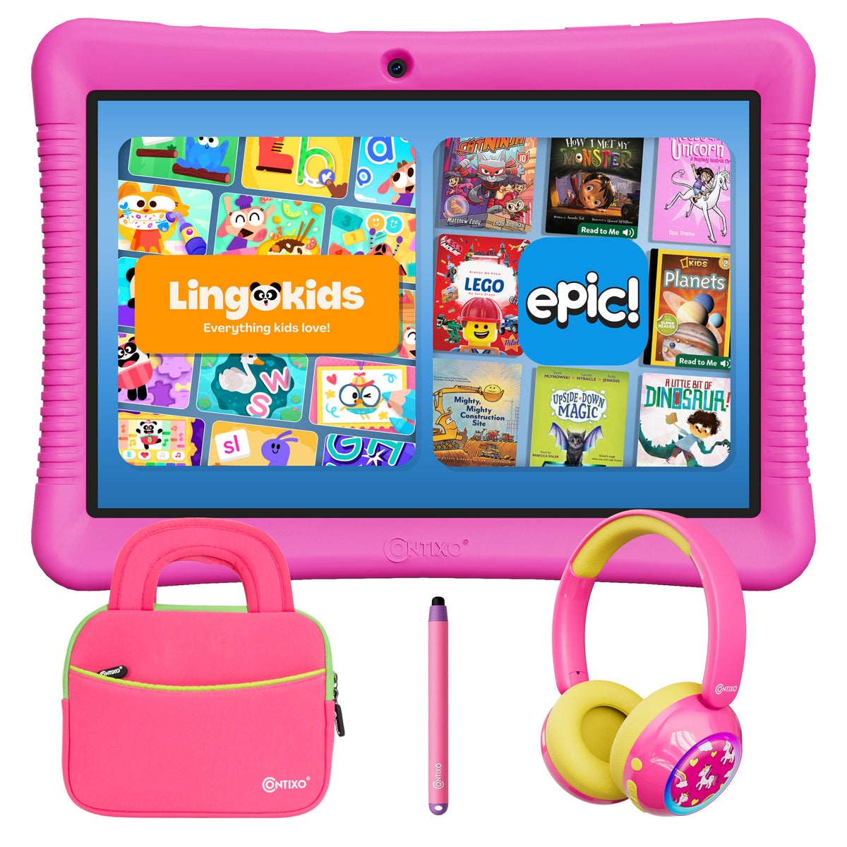 Contixo K102 10" Kids Tablet Bundle | 32GB Android 12 | KB8 Wireless Headphones & Bag | Epic! Books & Lingokids
