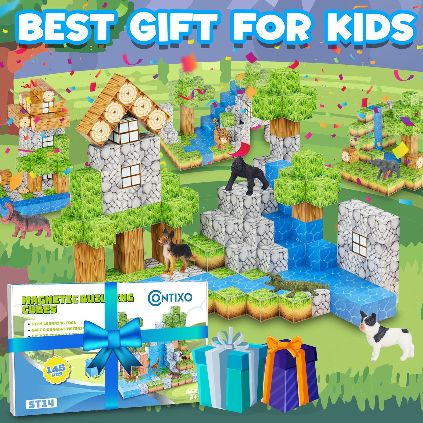 Contixo ST14 Magnetic Blocks, 145 PCS Magnetic Building Cube Game, Sensory Toys for Boys & Girls, STEM Stacking Toy Gifts for Age 3-12