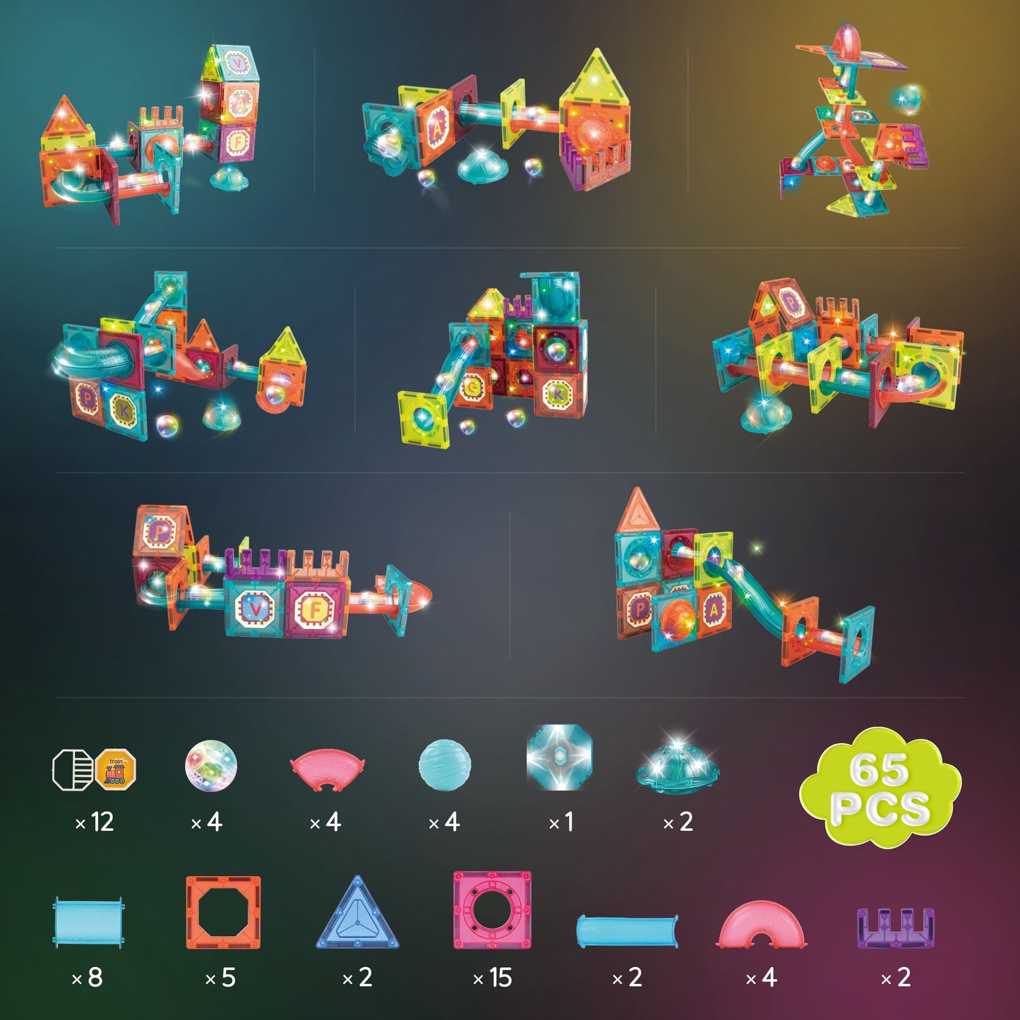 Contixo ST15 65-Piece Marble Track Magnetic Tile Set, Glow-in-the-Dark, STEM Building Blocks for Ages 3+