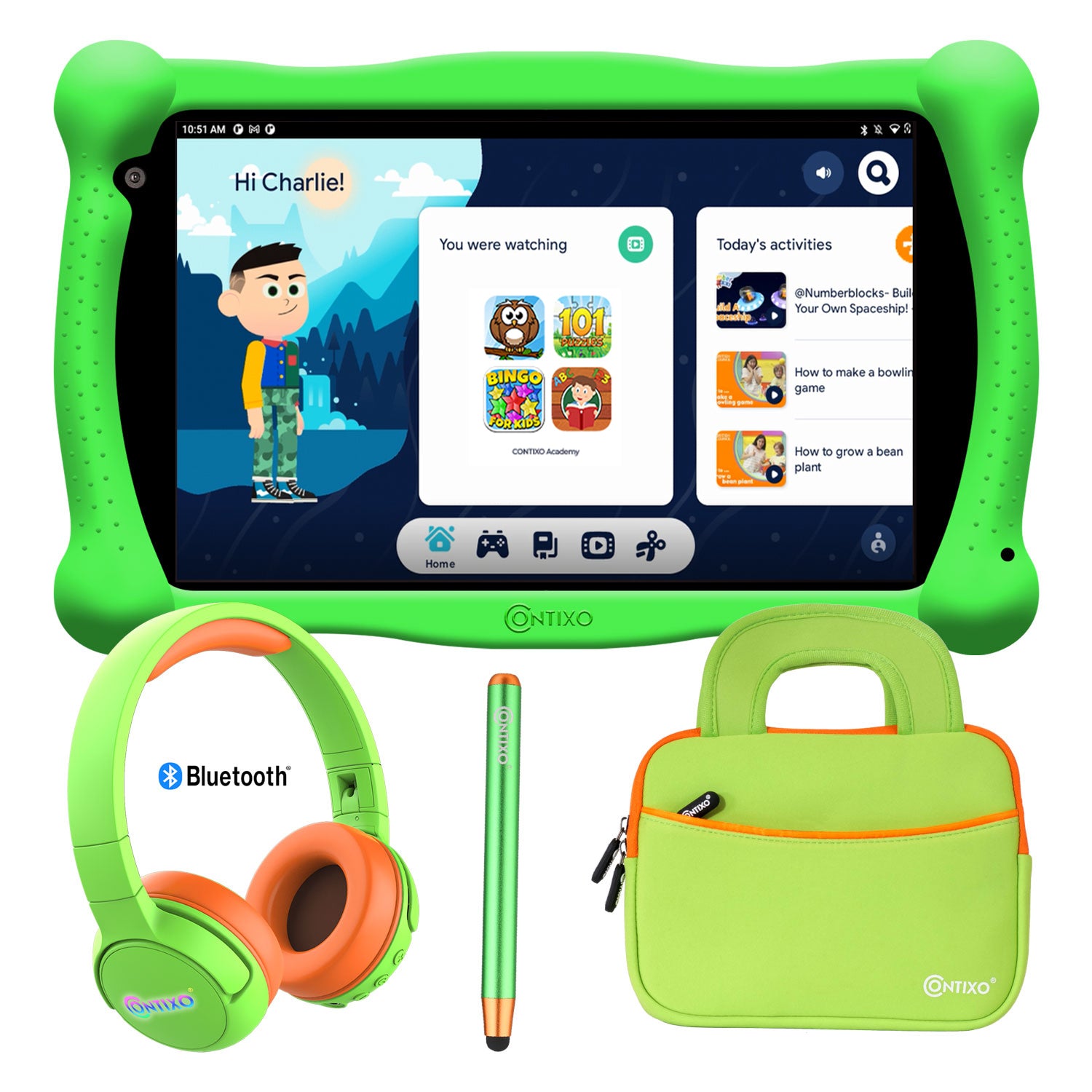 Contixo V10 7" Kids Tablet, Bluetooth Headphones, Tablet Bag, & Stylus Bundle