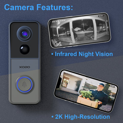 Xodo VD2 Smart Wi-Fi Wireless Video Doorbell with 2K QHD Camera and Chime