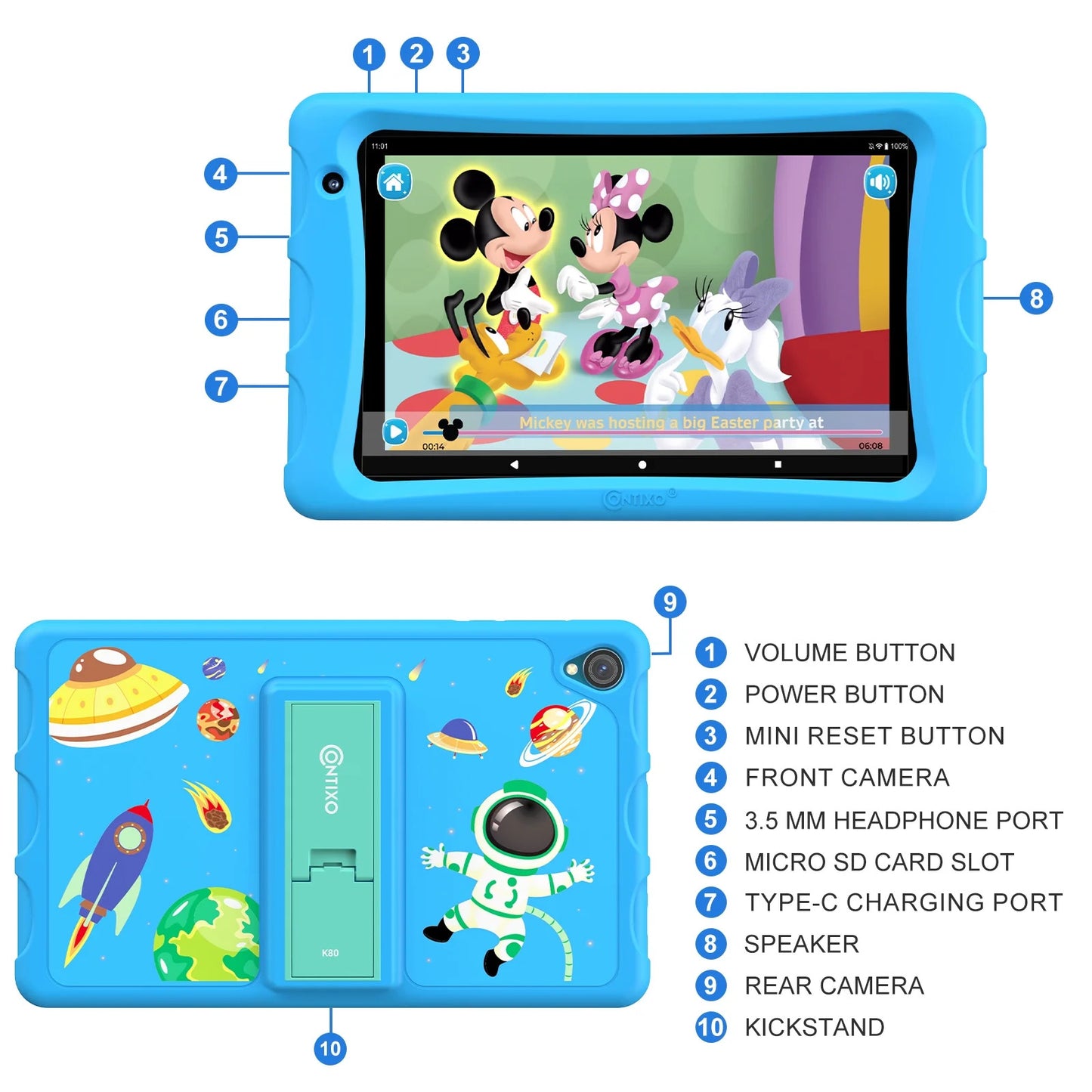 Contixo K80A - 8" Kids Tablet, 2025 Model, 80 FREE Disney eBooks, Educational Android Tablet for Ages 3-12, 32GB, Kid-Proof Case with Kickstand, Android 13