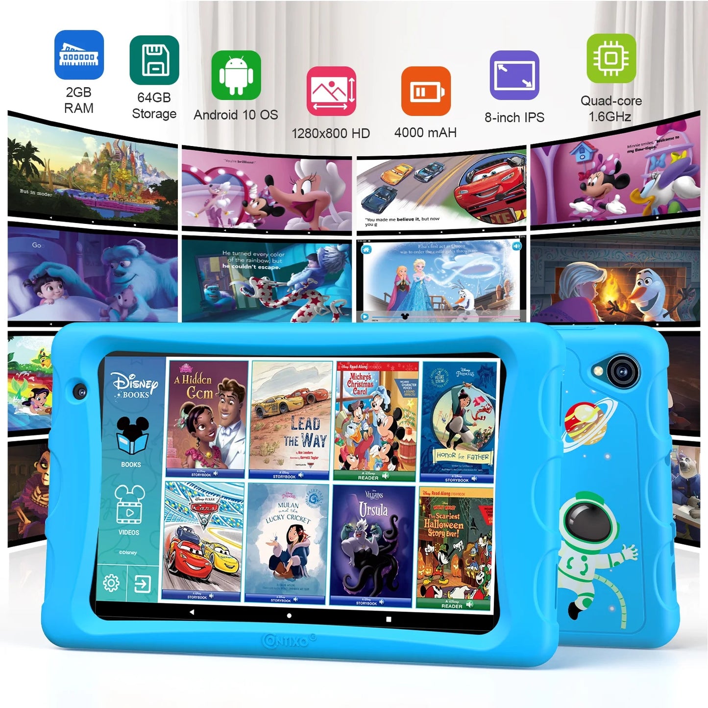 Contixo K80A - 8" Kids Tablet, 2025 Model, 80 FREE Disney eBooks, Educational Android Tablet for Ages 3-12, 32GB, Kid-Proof Case with Kickstand, Android 13