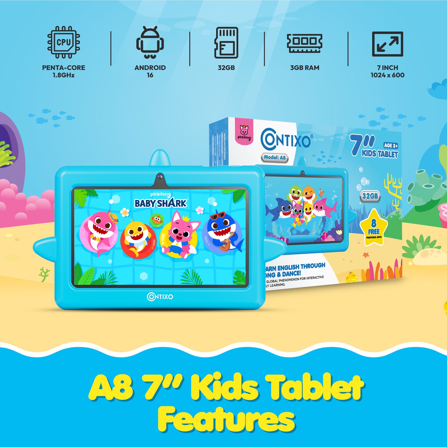 Pinkfong Baby Shark A8 7” Kids Tablet by Contixo | Android 16, 32GB