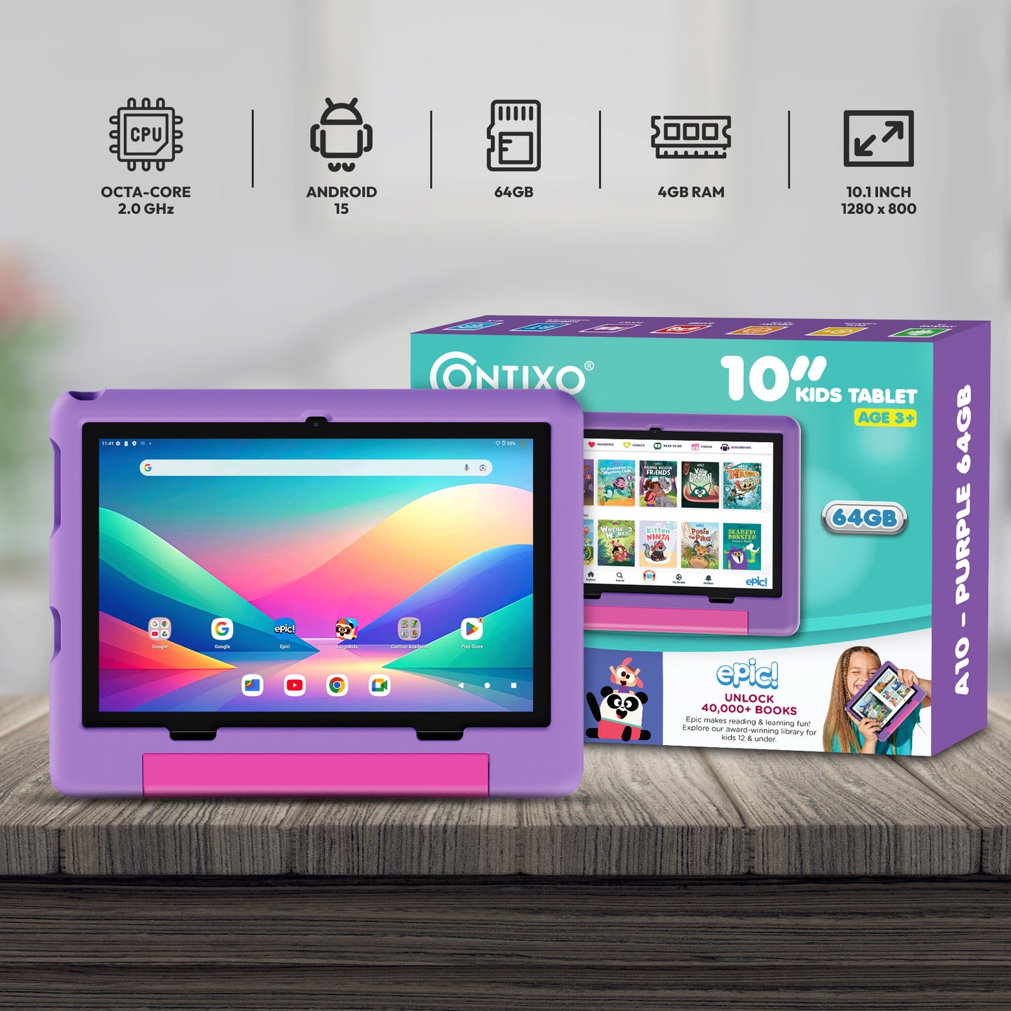 Contixo A10 | 10" Kids Tablet, 2026 Model, Epic! and Lingokids, 64GB