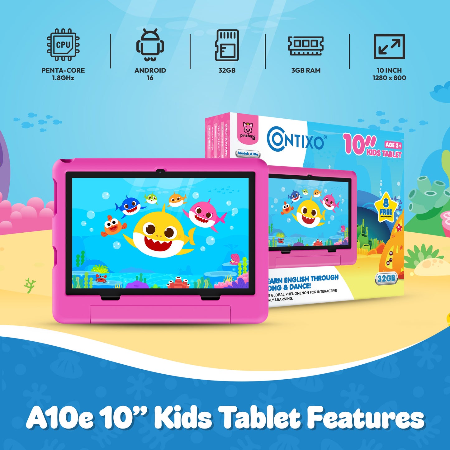 Pinkfong Baby Shark A10e 10” Kids Tablet by Contixo | Android 16, 32GB