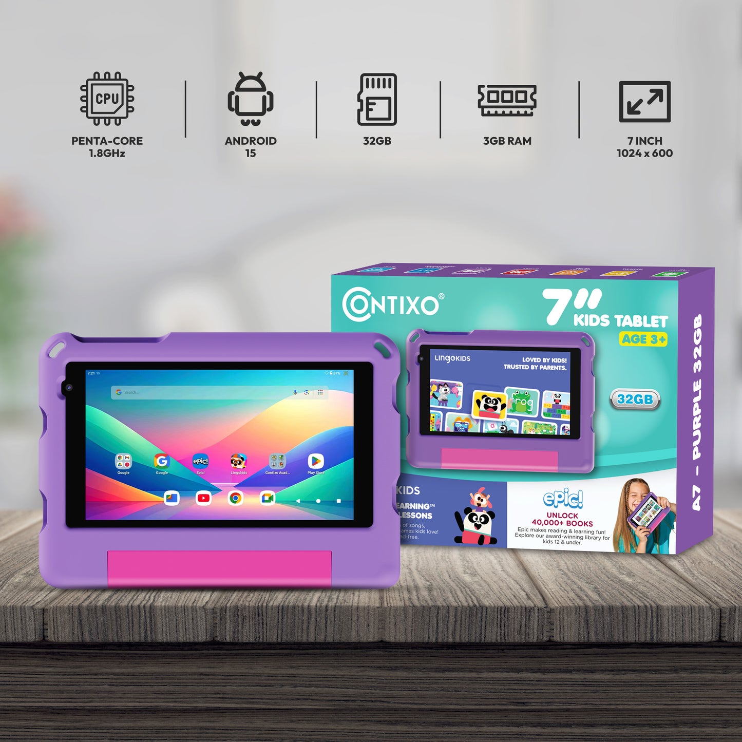 Contixo A7 | 7" Kids Tablet, 2026 Model, Epic! and Lingokids, 32GB