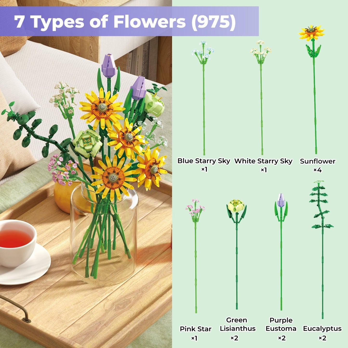 Contixo Sunflower Bouquet Building Set - 975 Pcs, DIY Floral STEM Kit, Home Deco
