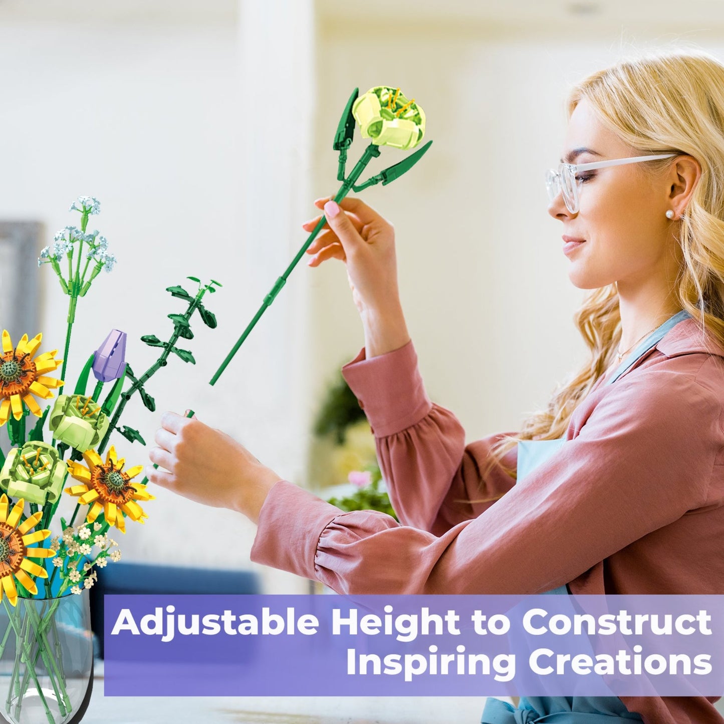 Contixo Sunflower Bouquet Building Set - 975 Pcs, DIY Floral STEM Kit, Home Deco