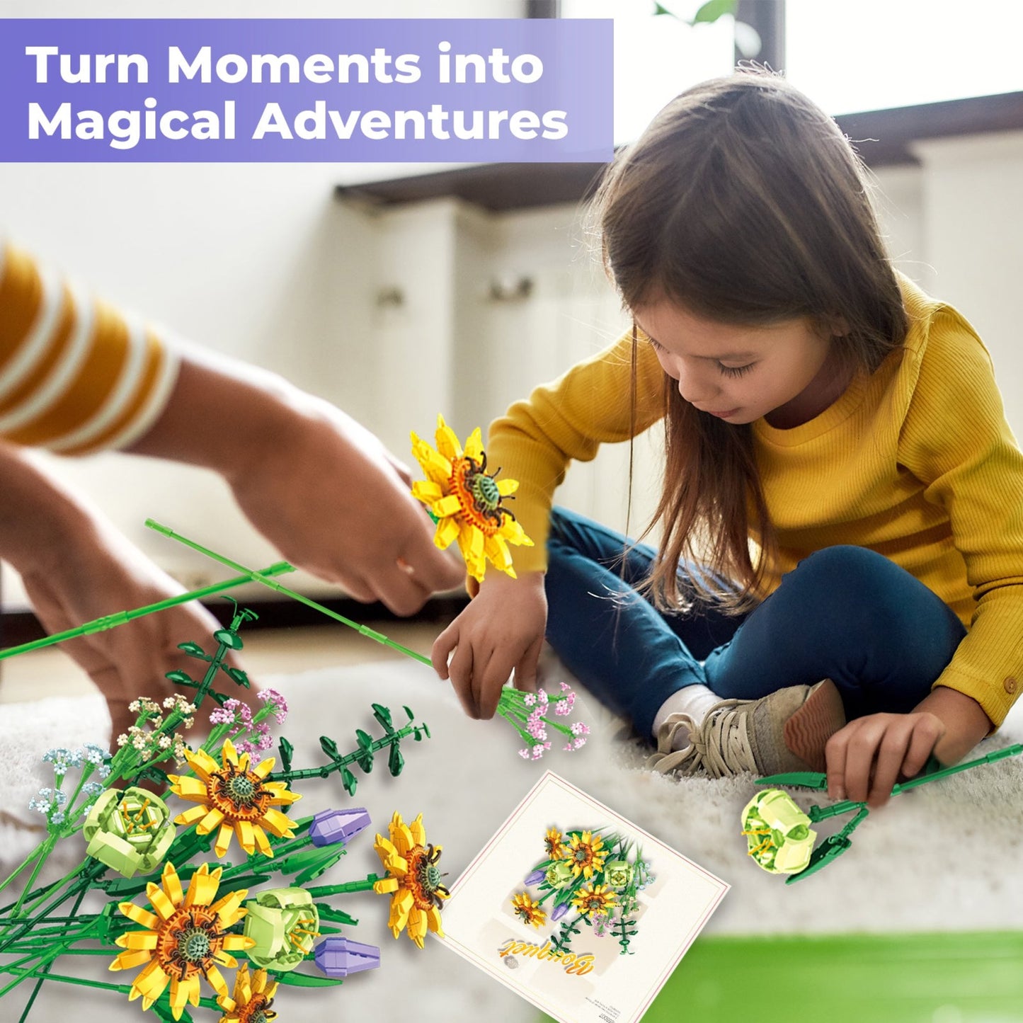 Contixo Sunflower Bouquet Building Set - 975 Pcs, DIY Floral STEM Kit, Home Deco