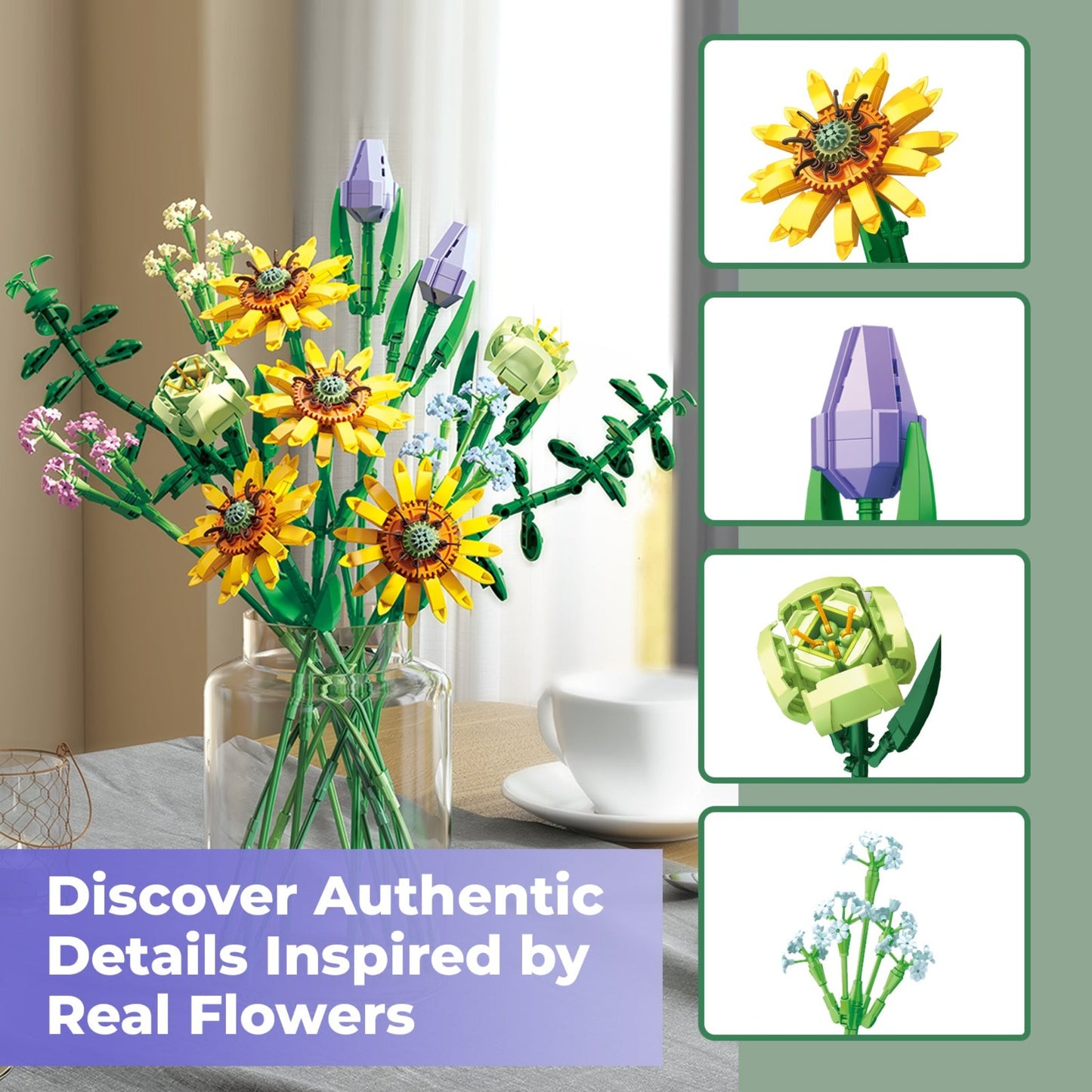 Contixo Sunflower Bouquet Building Set - 975 Pcs, DIY Floral STEM Kit, Home Deco