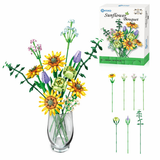 Contixo Sunflower Bouquet Building Set - 975 Pcs, DIY Floral STEM Kit, Home Deco