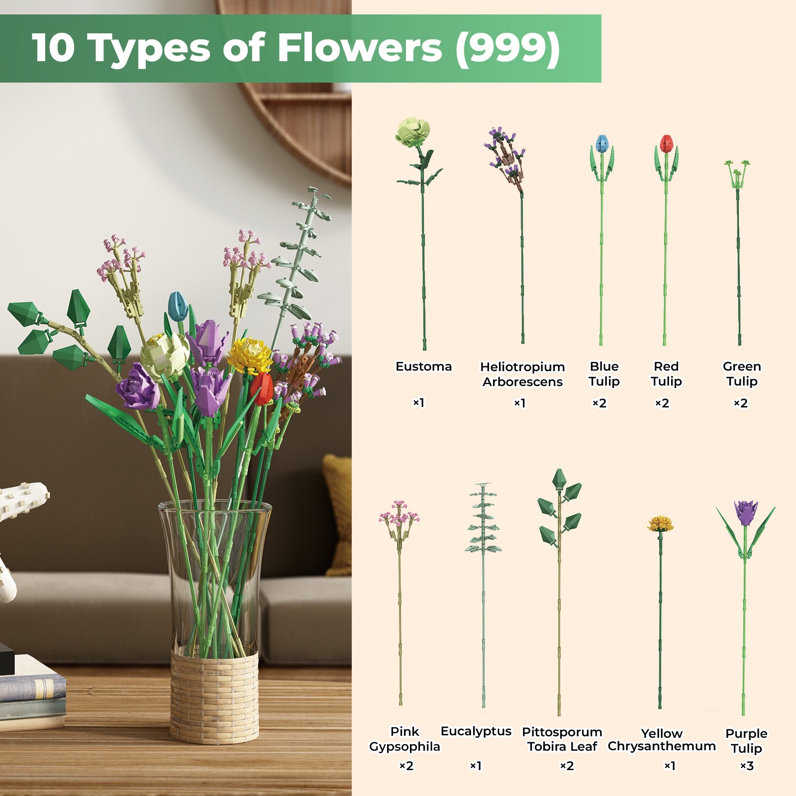 Contixo BK05 Tulip Bouquet Floral Collection Building Block Set - 999 PCS