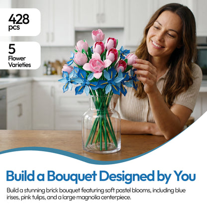 Contixo BK08 Buildable Flower Bouquet Set, 428-Piece Pink & Blue Flower Building Blocks Kit with Adjustable Stems, Creative Décor Gift for Ages 8+