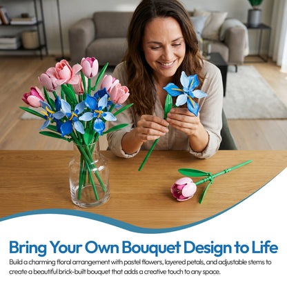 Contixo BK08 Buildable Flower Bouquet Set, 428-Piece Pink & Blue Flower Building Blocks Kit with Adjustable Stems, Creative Décor Gift for Ages 8+