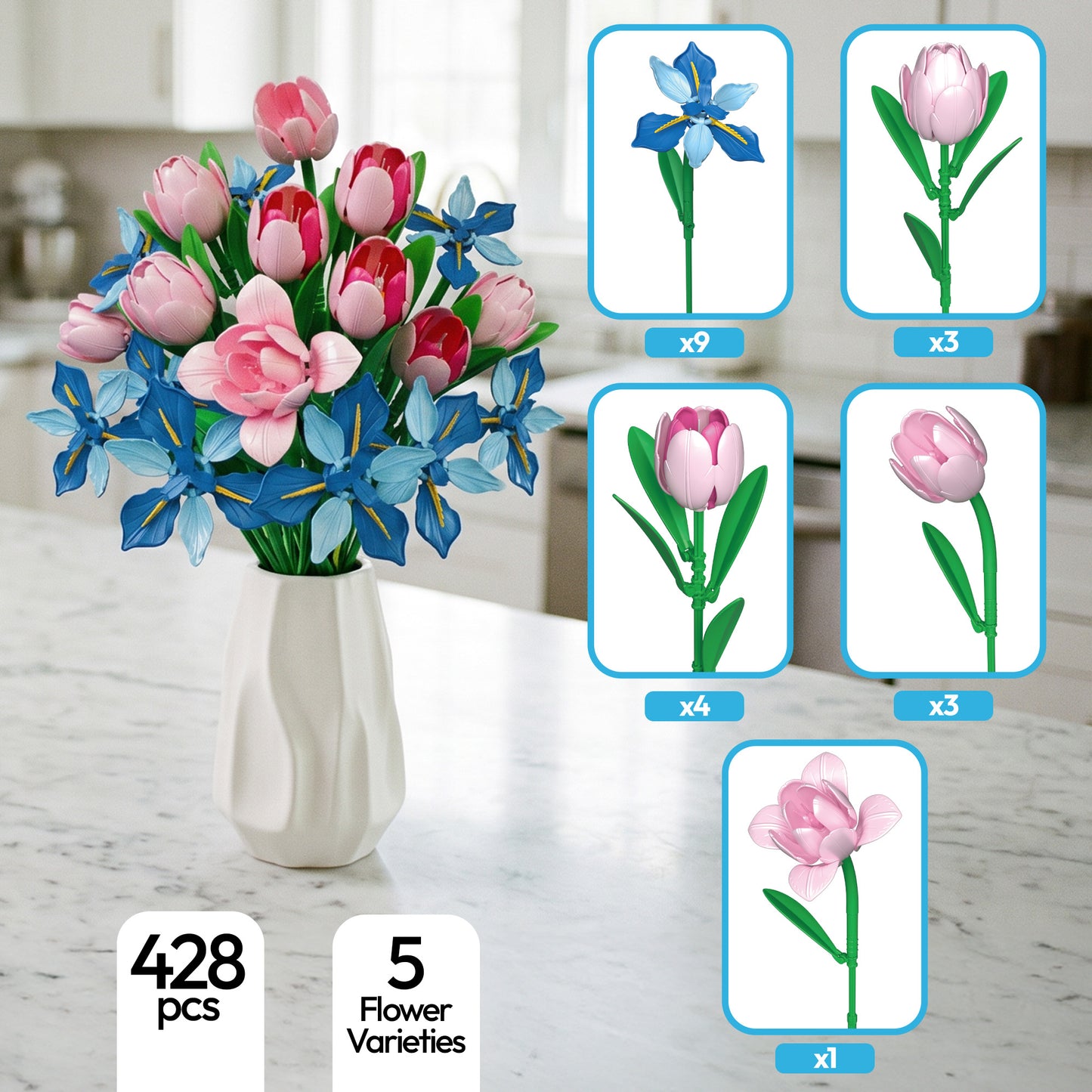 Contixo BK08 Buildable Flower Bouquet Set, 428-Piece Pink & Blue Flower Building Blocks Kit with Adjustable Stems, Creative Décor Gift for Ages 8+