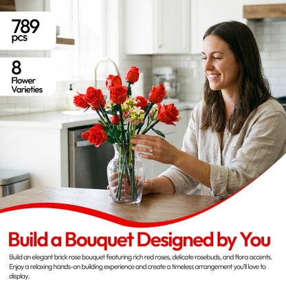 Contixo BK09 Rose Bouquet Set, 789-Piece Red Rose Flower Building Blocks Kit with Adjustable Stems, Romantic Gift & Home Décor for Ages 8+