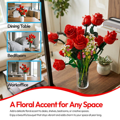 Contixo BK09 Rose Bouquet Set, 789-Piece Red Rose Flower Building Blocks Kit with Adjustable Stems, Romantic Gift & Home Décor for Ages 8+