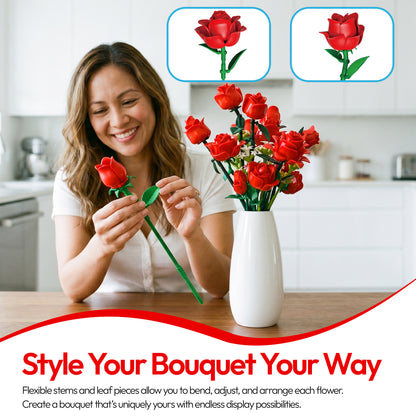 Contixo BK09 Rose Bouquet Set, 789-Piece Red Rose Flower Building Blocks Kit with Adjustable Stems, Romantic Gift & Home Décor for Ages 8+