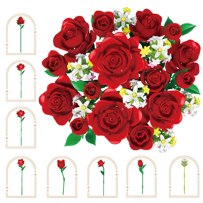 Contixo BK09 Rose Bouquet Set, 789-Piece Red Rose Flower Building Blocks Kit with Adjustable Stems, Romantic Gift & Home Décor for Ages 8+