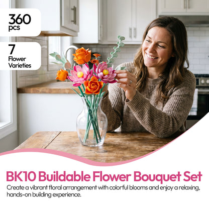 Contixo Flower Bouquet Building Set BK10, 360-Piece Floral Brick Kit with Adjustable Stems, DIY Home Décor Gift for Kids, Teens & Adults Ages 8+