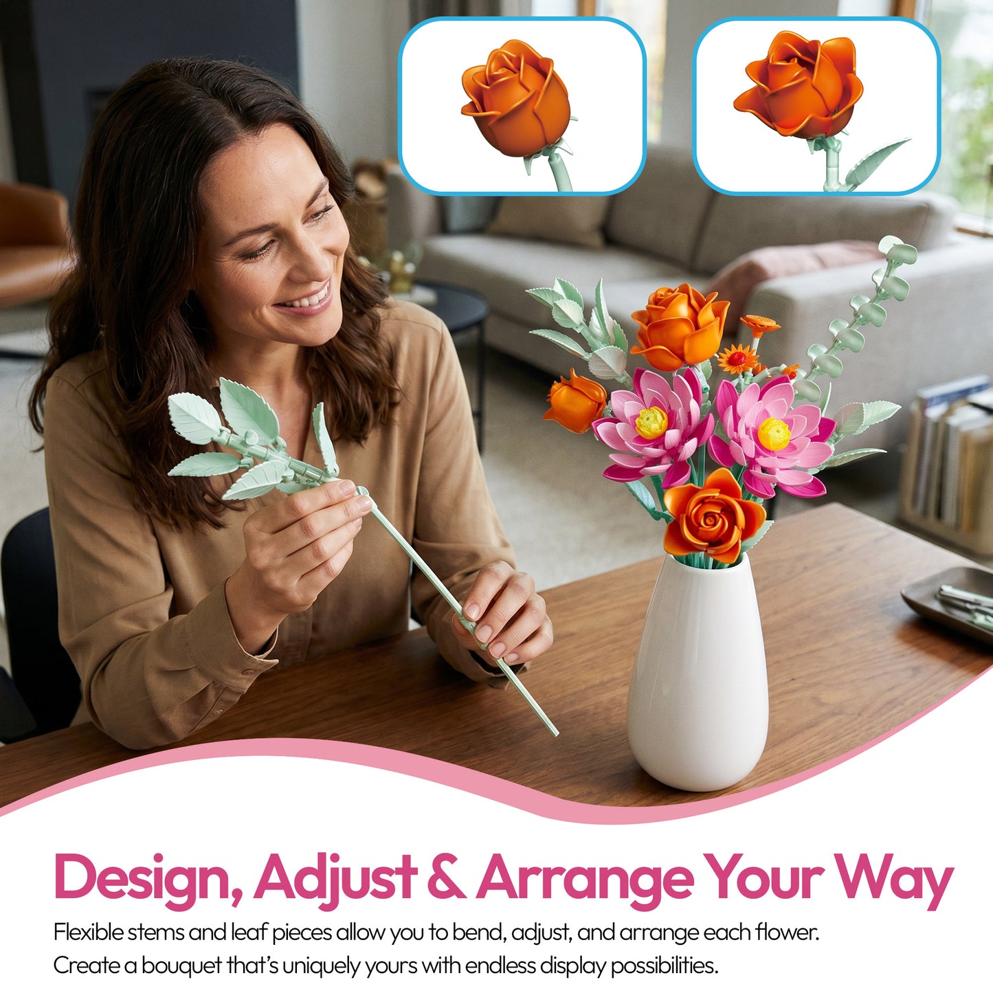 Contixo BK10 Orange & Pink Flower Spring Bouquet Building Set - 360 Pieces