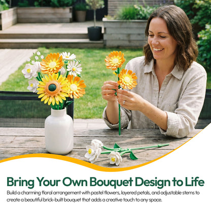 Contixo Sunflower Flower Building Set BK11, 415-Piece Building Block Bouquet with Adjustable Stems, Home Décor STEM Toy Gift for Kids 8+, Teens & Adults
