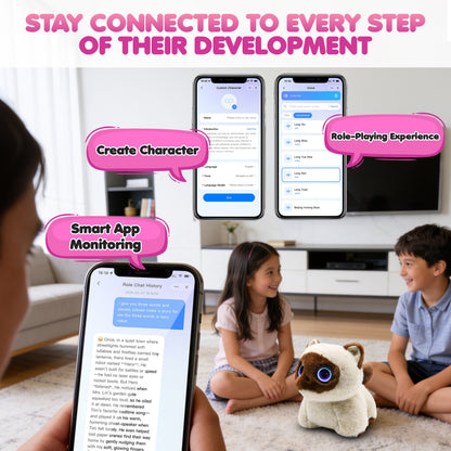 Contixo Pixie-Paw Smart Interactive Plush AI Cat - Powered by ChatGPT AI, Voice & Touch Responsive, Expressive Screen Eyes, Head Petting & Tail Wagging AI Companion Stuffed Animal for Kids