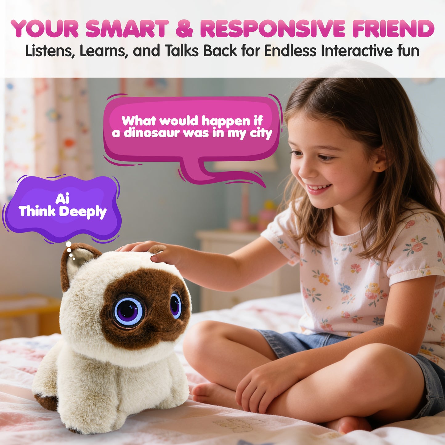 Contixo Pixie-Paw Smart Interactive Plush AI Cat – Powered by ChatGPT AI, Voice & Touch Responsive, Expressive Screen Eyes, Head Petting & Tail Wagging AI Companion Stuffed Animal for Kids