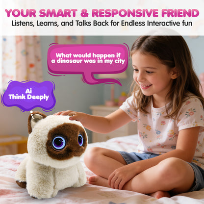 Contixo Pixie-Paw Smart Interactive Plush AI Cat - Powered by ChatGPT AI, Voice & Touch Responsive, Expressive Screen Eyes, Head Petting & Tail Wagging AI Companion Stuffed Animal for Kids