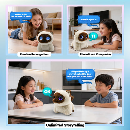 Contixo Pixie-Paw Smart Interactive Plush AI Cat - Powered by ChatGPT AI, Voice & Touch Responsive, Expressive Screen Eyes, Head Petting & Tail Wagging AI Companion Stuffed Animal for Kids