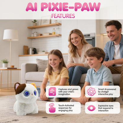 Contixo Pixie-Paw Smart Interactive Plush AI Cat - Powered by ChatGPT AI, Voice & Touch Responsive, Expressive Screen Eyes, Head Petting & Tail Wagging AI Companion Stuffed Animal for Kids