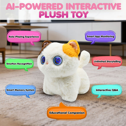 Contixo Pixie-Paw Smart Interactive Plush AI Cat - Powered by ChatGPT AI, Voice & Touch Responsive, Expressive Screen Eyes, Head Petting & Tail Wagging AI Companion Stuffed Animal for Kids