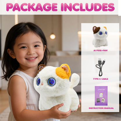 Contixo Pixie-Paw Smart Interactive Plush AI Cat - Powered by ChatGPT AI, Voice & Touch Responsive, Expressive Screen Eyes, Head Petting & Tail Wagging AI Companion Stuffed Animal for Kids