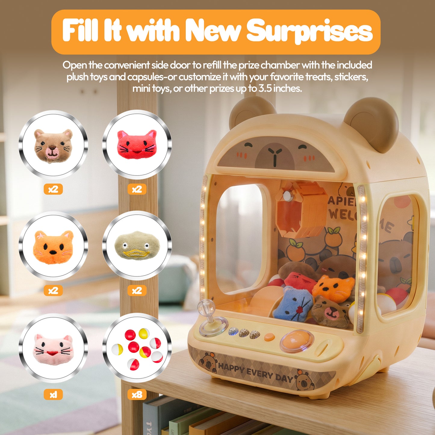 Contixo CM1 Brown Capybara Claw Machine | Mini Arcade Prize Grabber