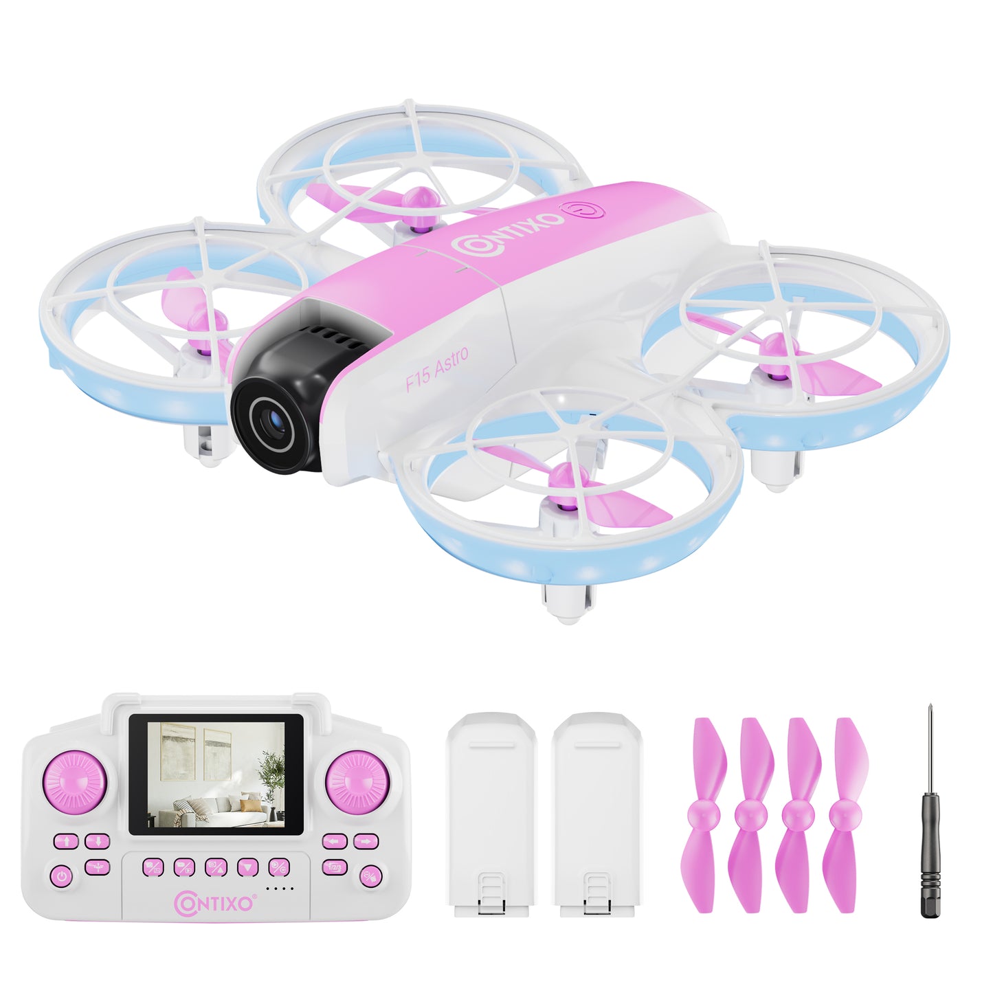 Contixo F15 Astro Mini Drone with 2.4" Screen Remote – 720P HD Camera, Live Video Display, Optical Flow Hover, One-Key Takeoff/Landing, 360° Stunts, 2 Batteries, Beginner Drone for Kids & Adults
