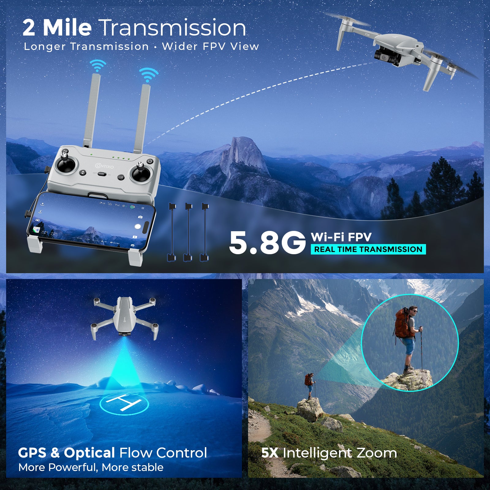 Contixo F36 Silver Horizon Remote Control FPV Foldable Drone with 4K HD Camera, 64GB MicroSD Card, & Carrying Case