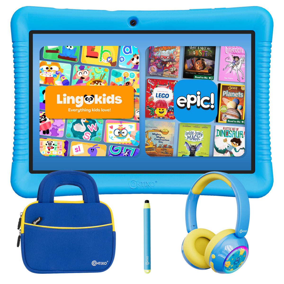 Contixo K102 10" Kids Tablet Bundle | 32GB Android 12 | KB8 Wireless Headphones & Bag | Epic! Books & Lingokids