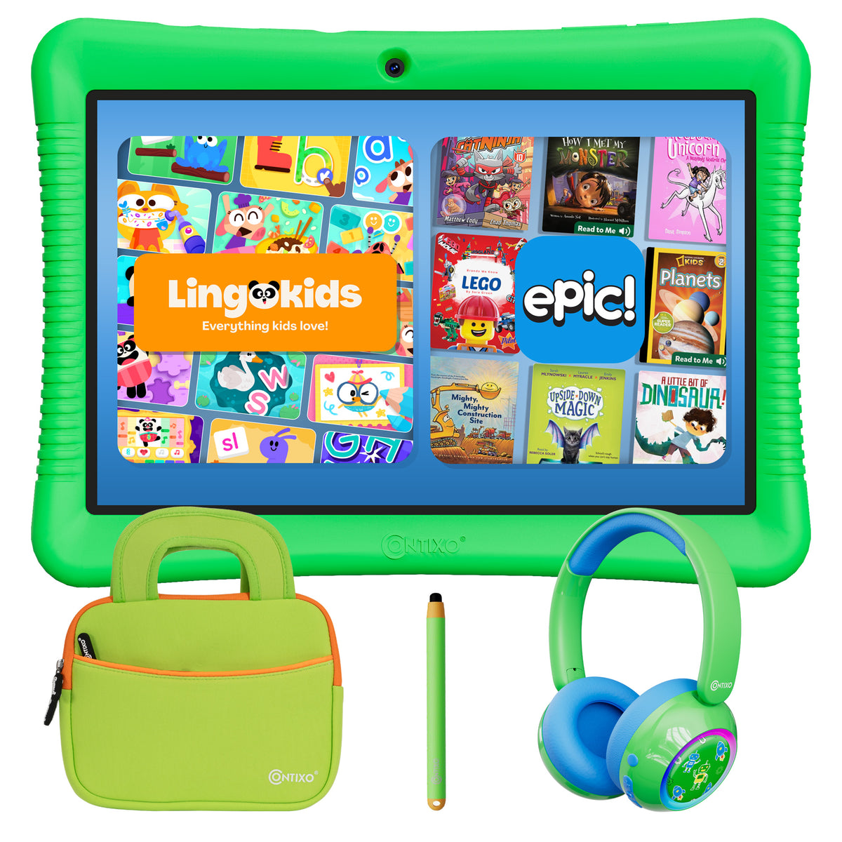 Contixo K102 10" Kids Tablet Bundle | 32GB Android 12 | KB8 Wireless Headphones & Bag | Epic! Books & Lingokids