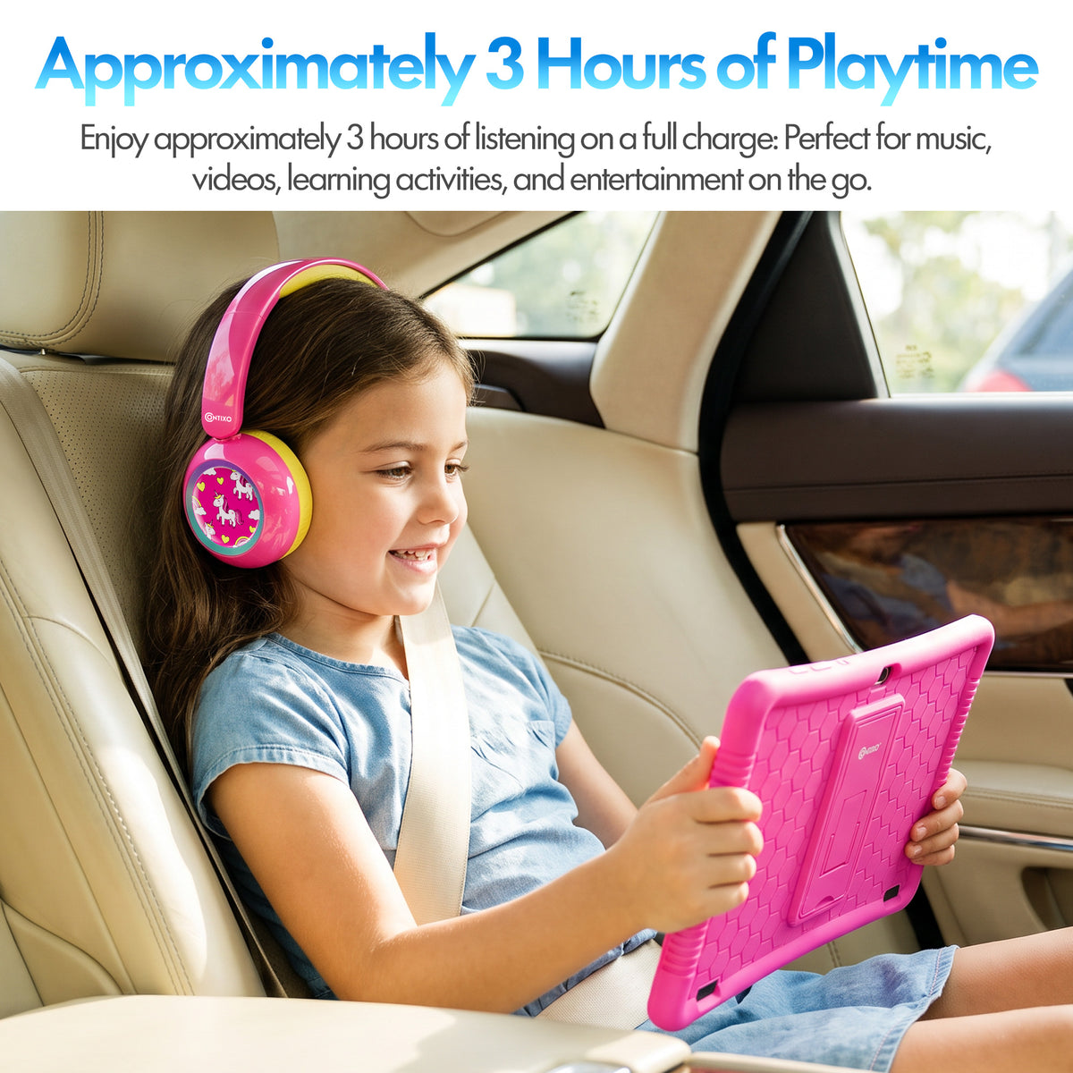 Contixo K102 10" Kids Tablet Bundle | 32GB Android 12 | KB8 Wireless Headphones & Bag | Epic! Books & Lingokids