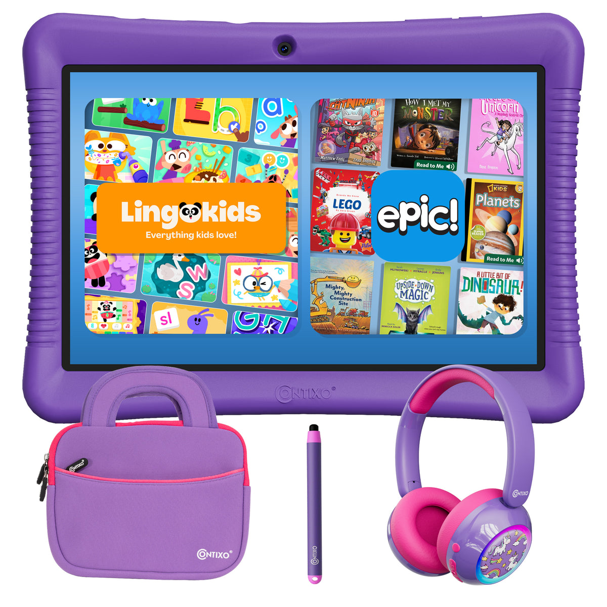 Contixo K102 10" Kids Tablet Bundle | 32GB Android 12 | KB8 Wireless Headphones & Bag | Epic! Books & Lingokids