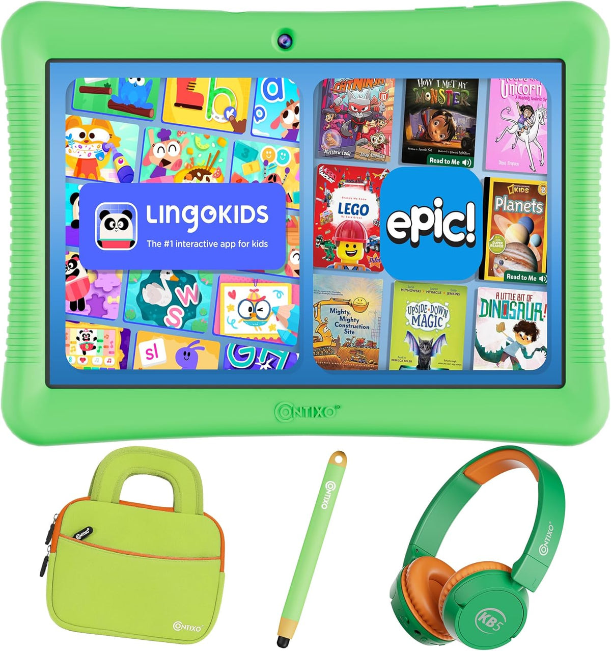 Contixo K102 10" Kids Tablet, Bluetooth Headphones, Tablet Bag, & Stylus Bundle