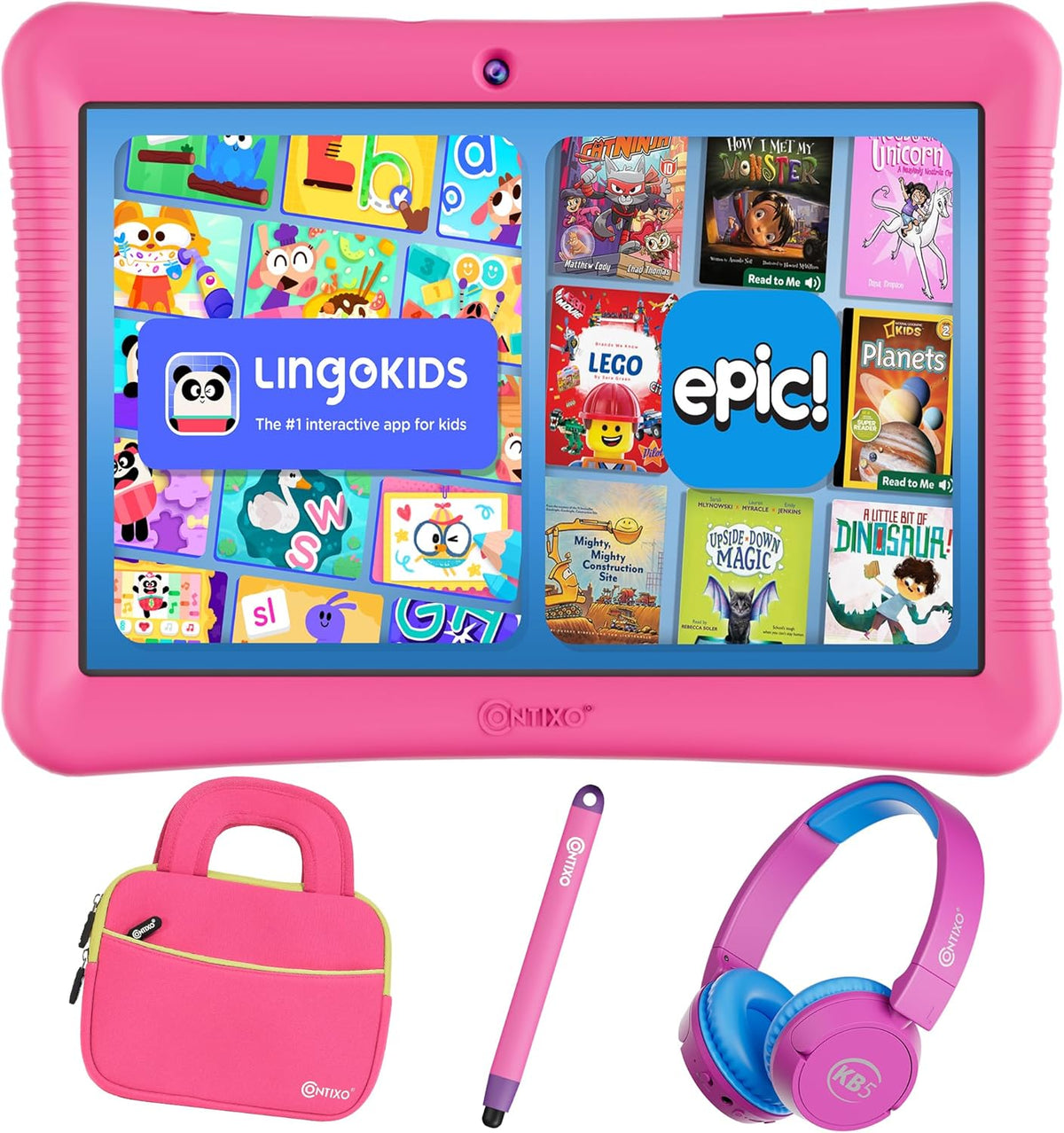 Contixo K102 10" Kids Tablet, Bluetooth Headphones, Tablet Bag, & Stylus Bundle