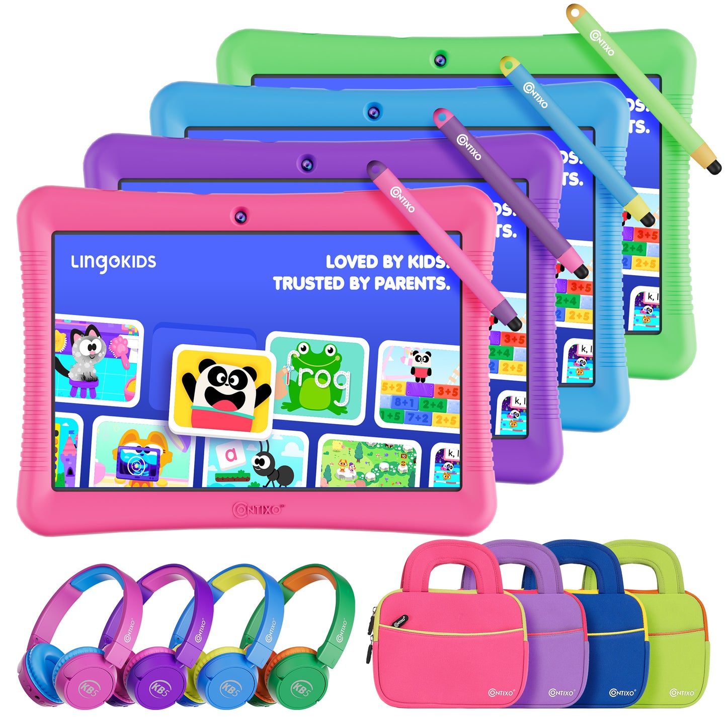 Contixo K102 10" Kids Tablet, Bluetooth Headphones, Tablet Bag, & Stylus Bundle