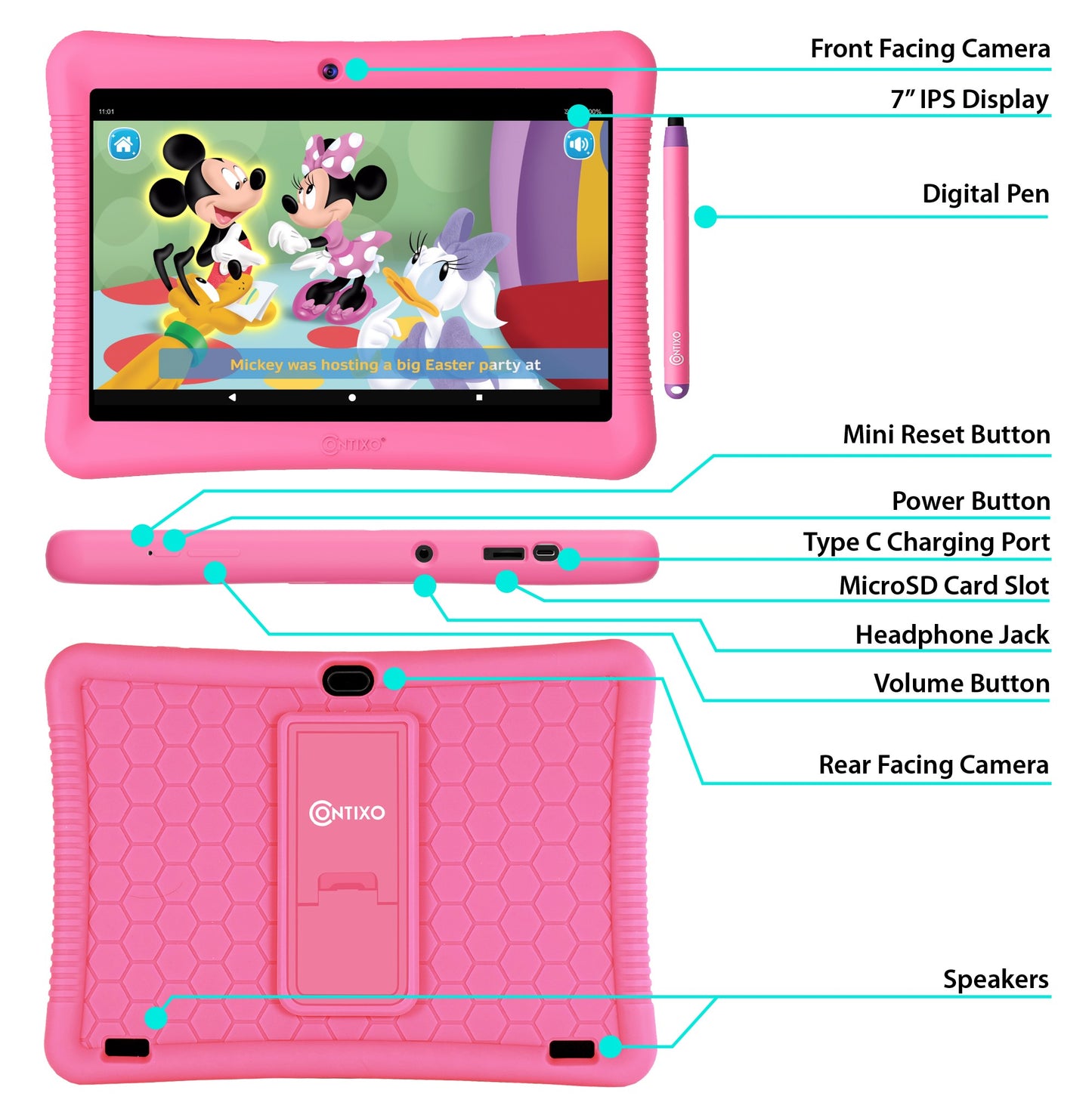 Contixo K102 10" Kids Tablet, Bluetooth Headphones, Tablet Bag, & Stylus Bundle