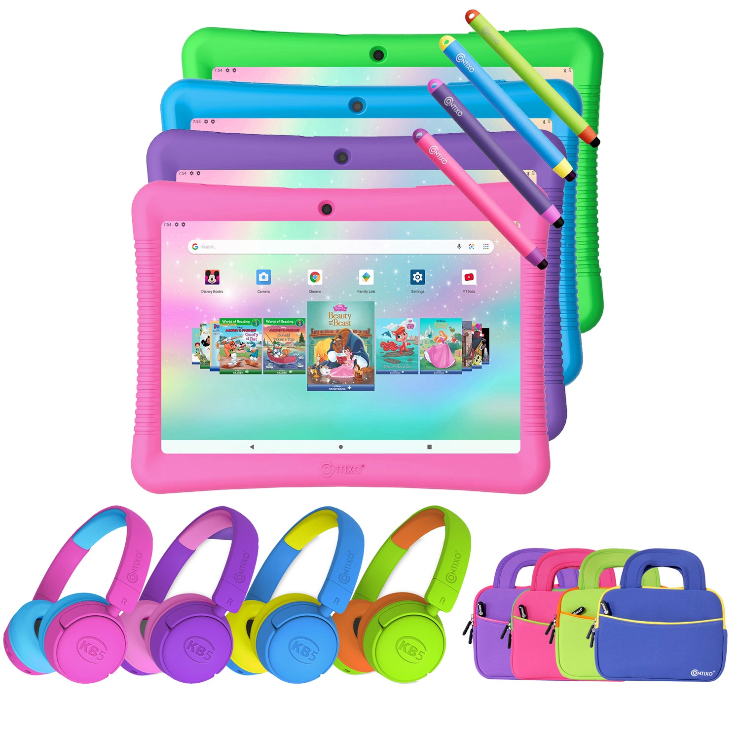 Contixo K102 10" Kids Tablet, Bluetooth Headphones, Tablet Bag, & Stylus Bundle